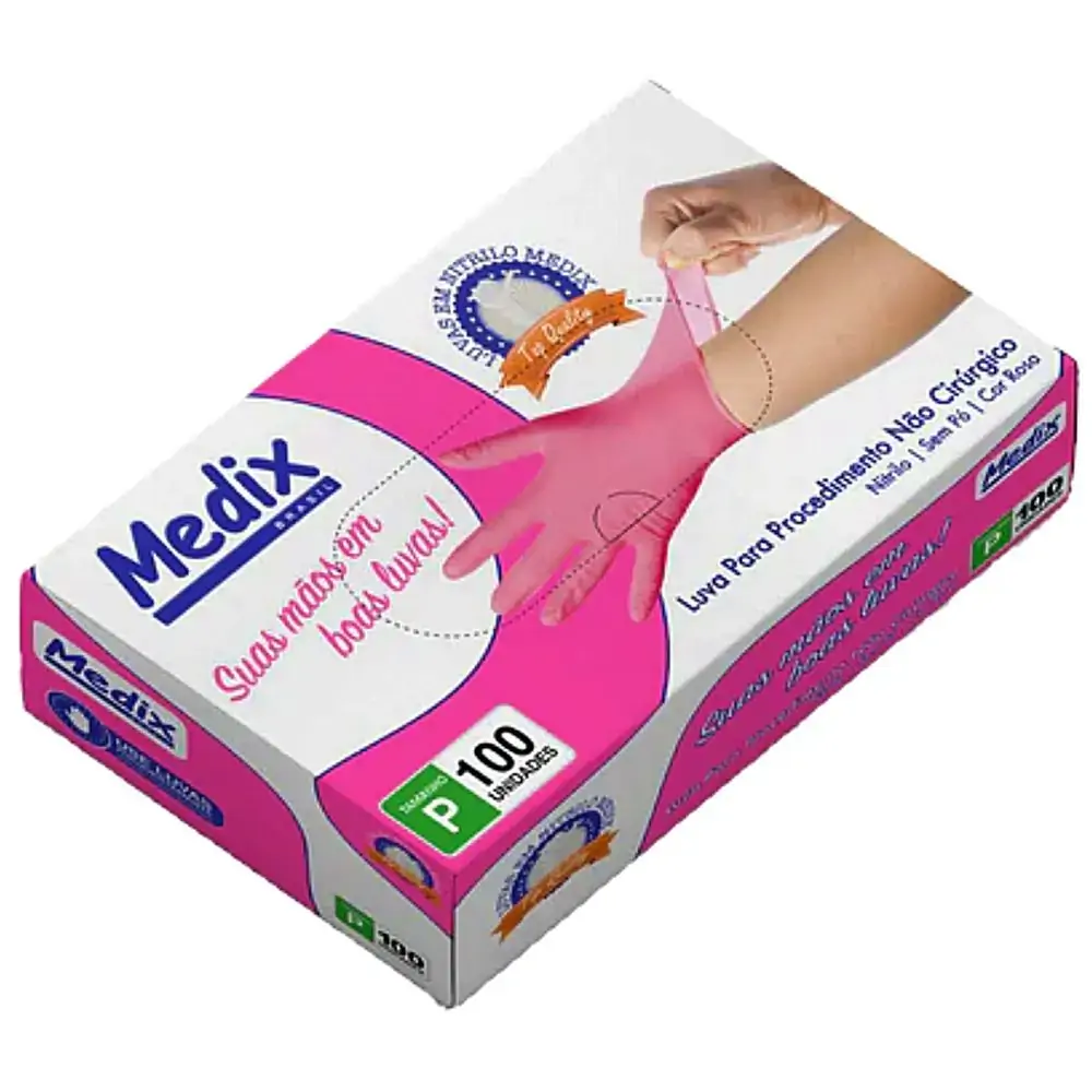 Luva Nitrílica Medix Sem Pó Rosa Tam M - 100 luvas