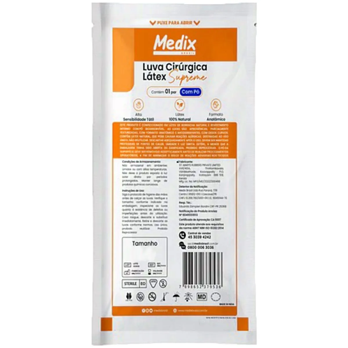 Luva Cirúrgica Supreme Medix Brasil Látex com Pó - Estéril - Tamanho 8.5 - Estéril