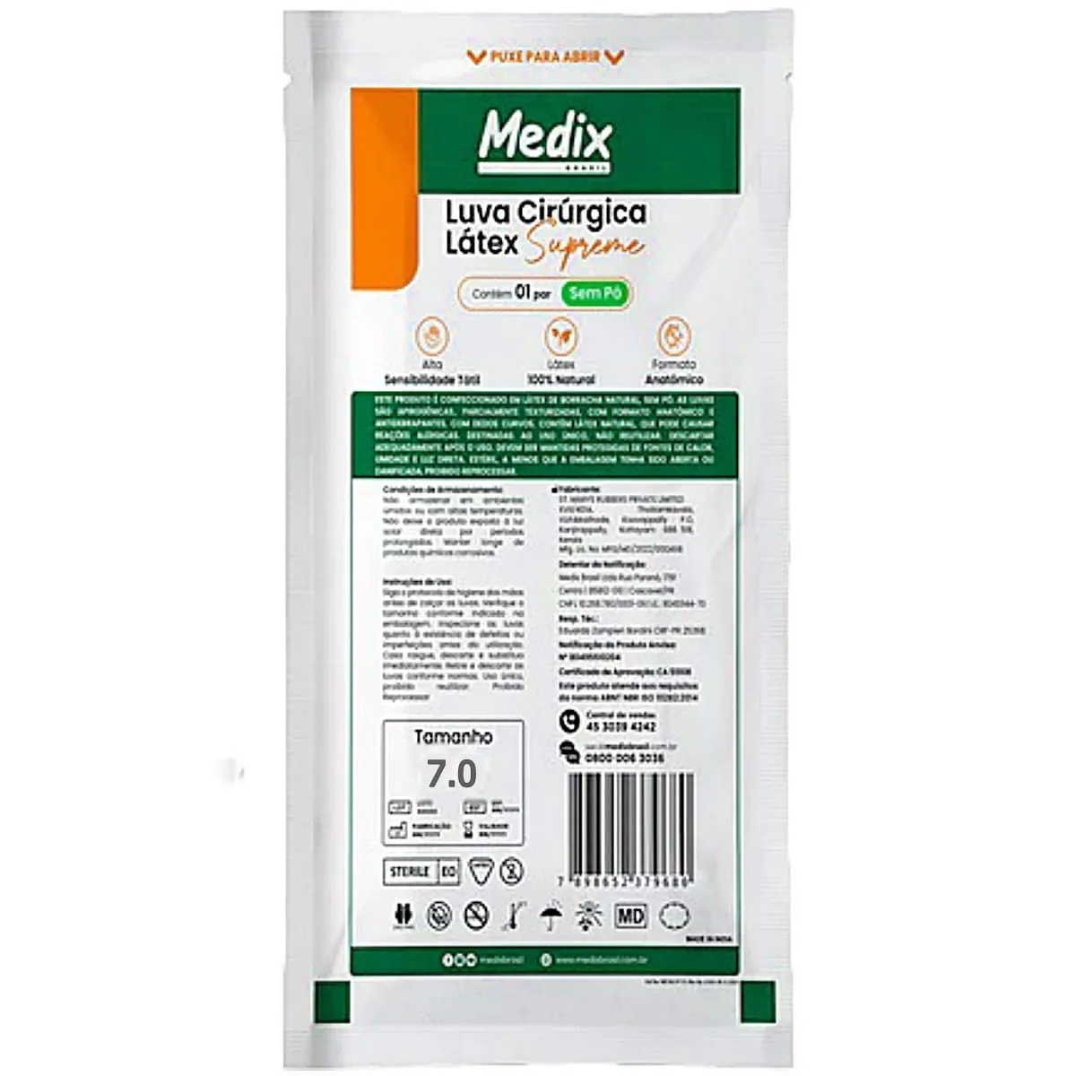 Luva Cirúrgica Supreme Medix 7.0 Estéril Látex Sem Pó - par