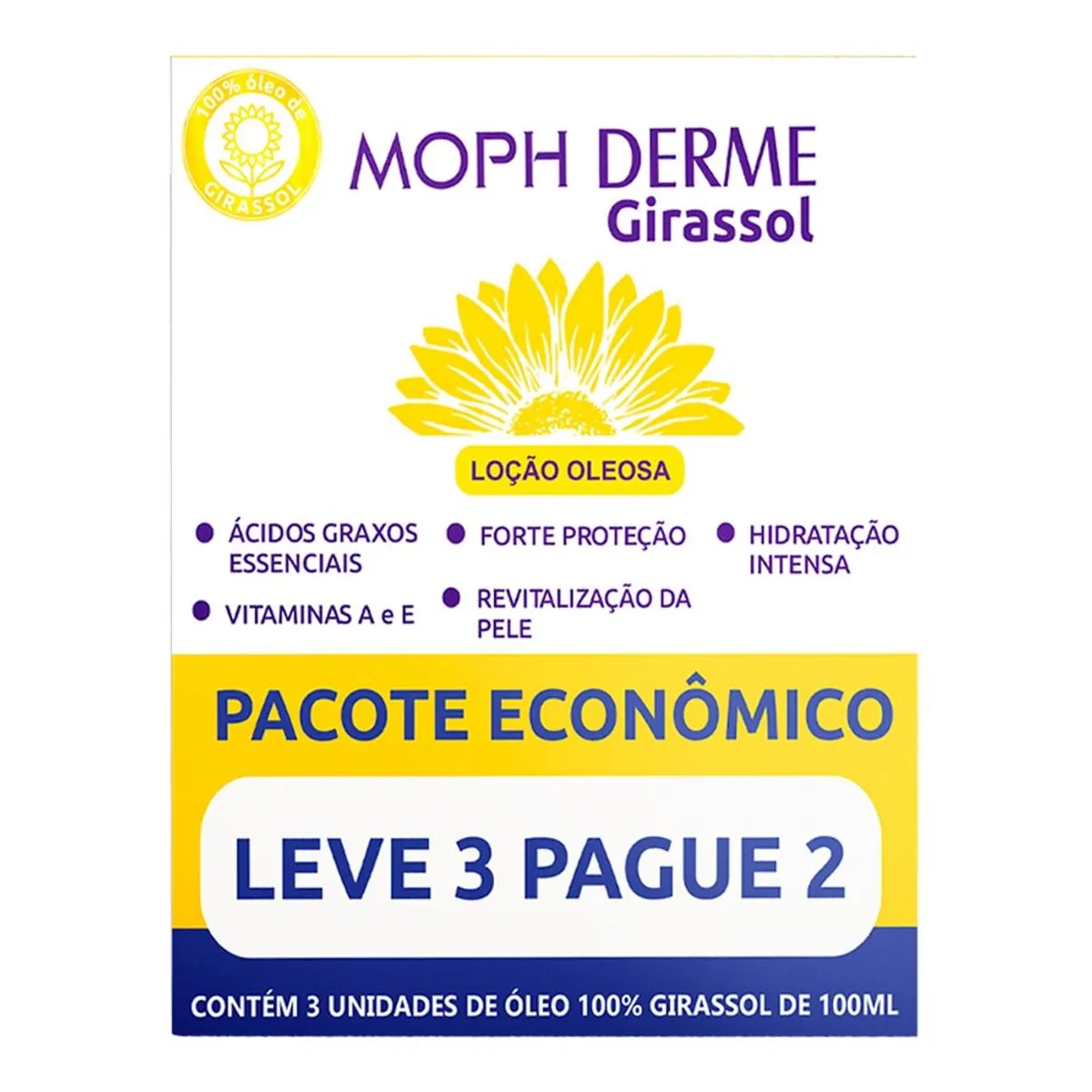 óleo Corporal De Girassol Moph Derme Caixa 100ml Cada Pacote Econômico Leve 3 Pague 2 Unidades