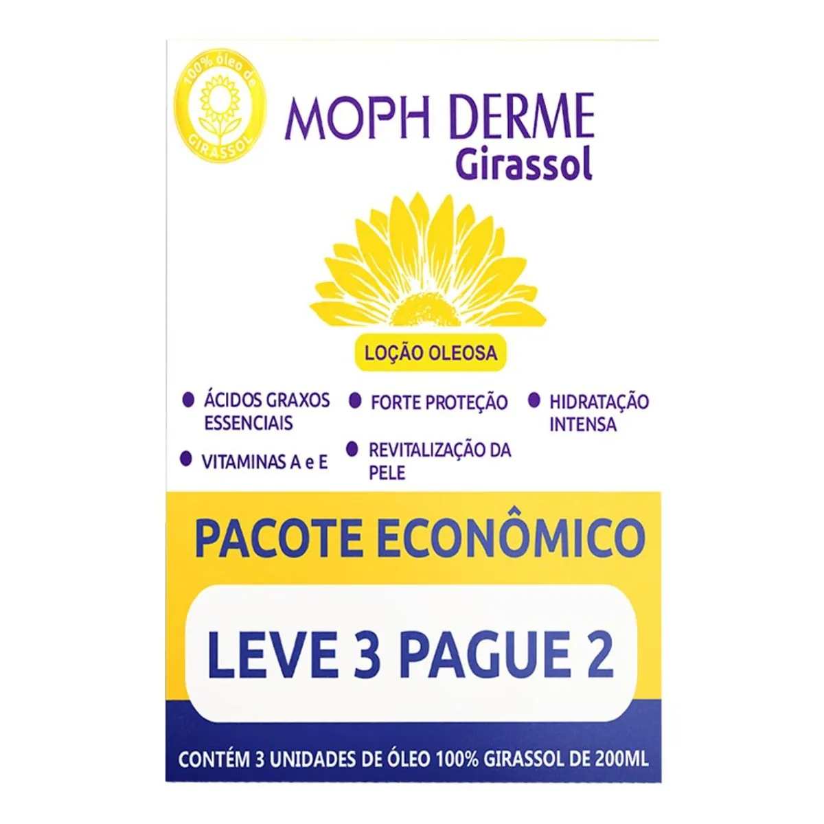 óleo Corporal De Girassol Moph Derme Caixa 200ml Cada Pacote Econômico Leve 3 Pague 2 Unidades