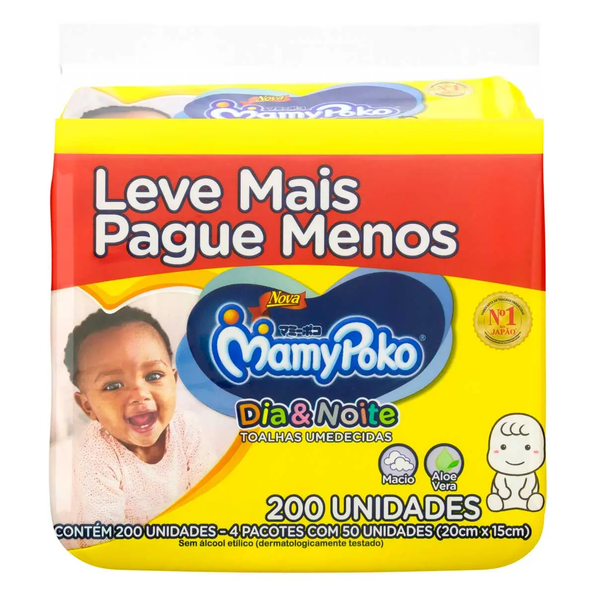Lenço Umedecido MamyPoko Dia &amp; Noite 200 Unidades Pack com 4 Unidades Leve Mais Pague Menos