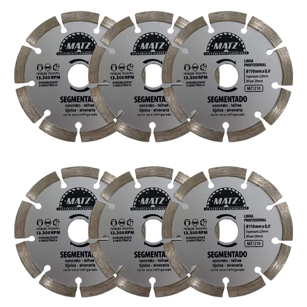 Kit 6 Disco De Corte Diamantado Segmentado 8mm 110x20mm Matz