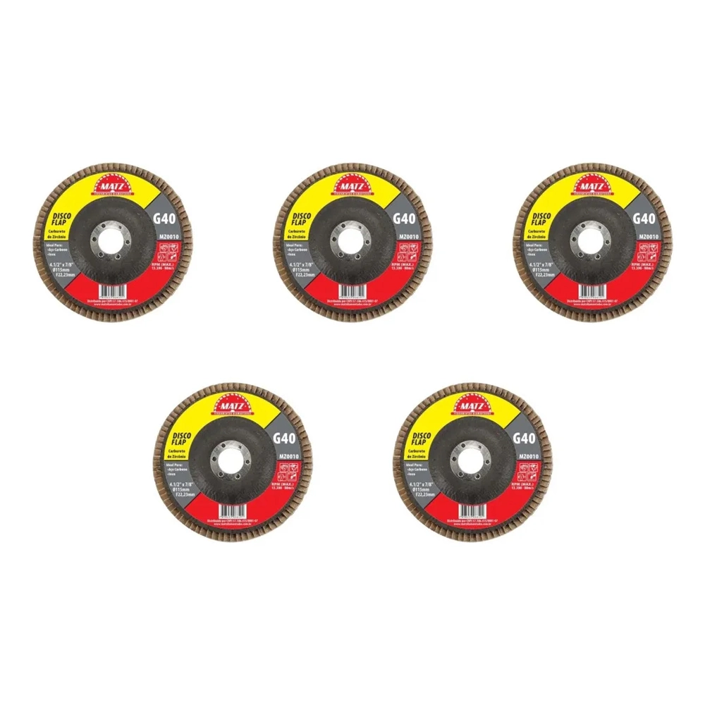 Kit 5 Disco Flap Desbaste Acabamento Grão 40 115x22,23 Matz