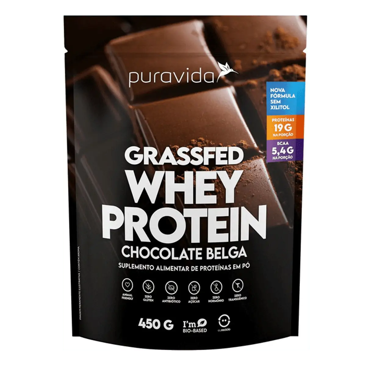 Suplemento alimentar Puravida Grassfed Whey Protein Chocolate Belga 450g
