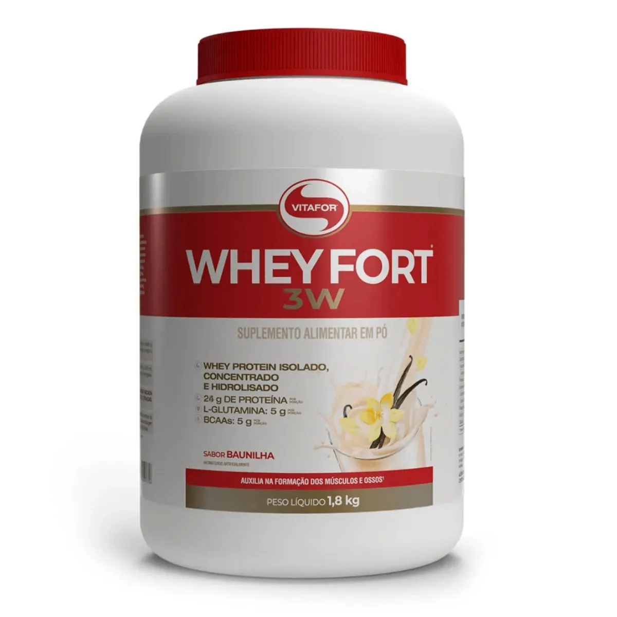 Whey Fort 3W Proteína Whey Protein Hidrolisado 1800g Vitafor Baunilha