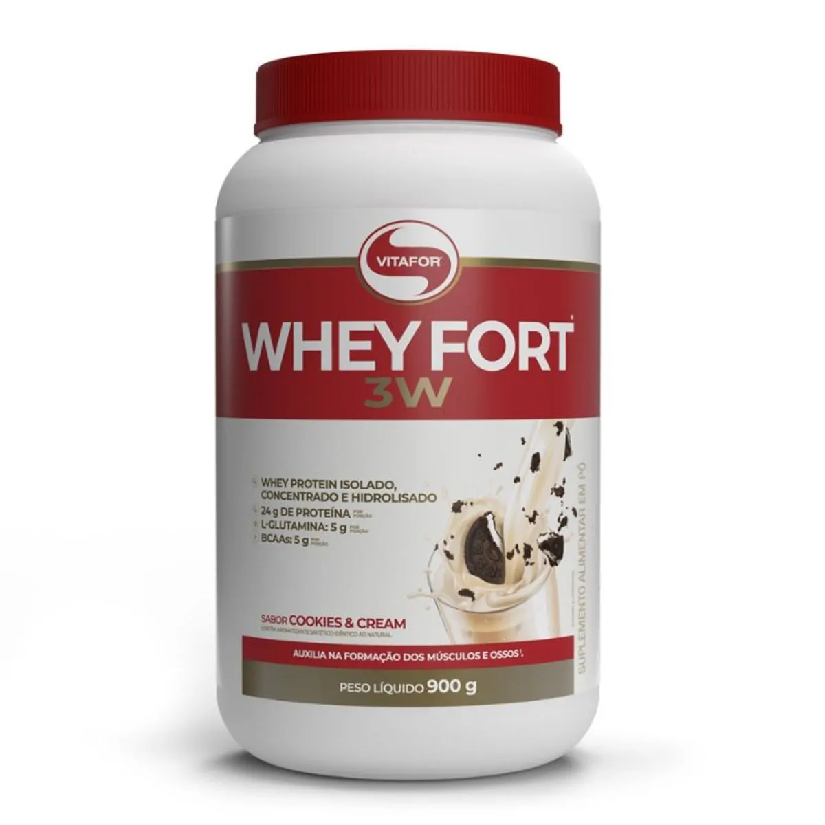 Whey Fort 3W Proteína Whey Protein Hidrolisado 900g Vitafor Cookies & Cream