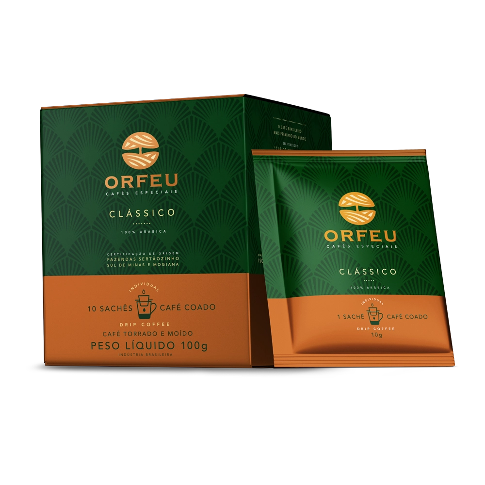 Café Em Sachê Torrado E Moído Drip Coffee Coado Clássico Orfeu Caixa 100g 10 Unidades