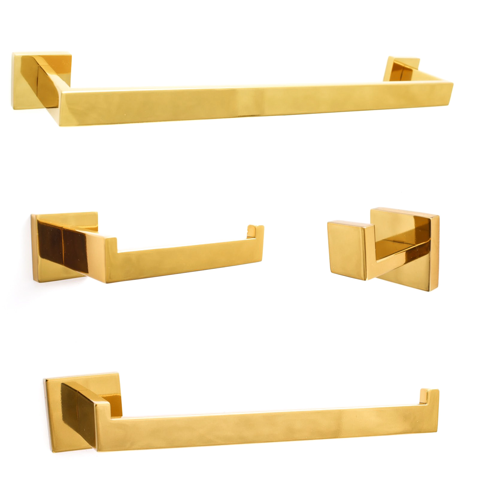 Kit Acessórios 4 Peças Slim Luxo Para Banheiro Lavabo Quadrado Aço Inox Dourado