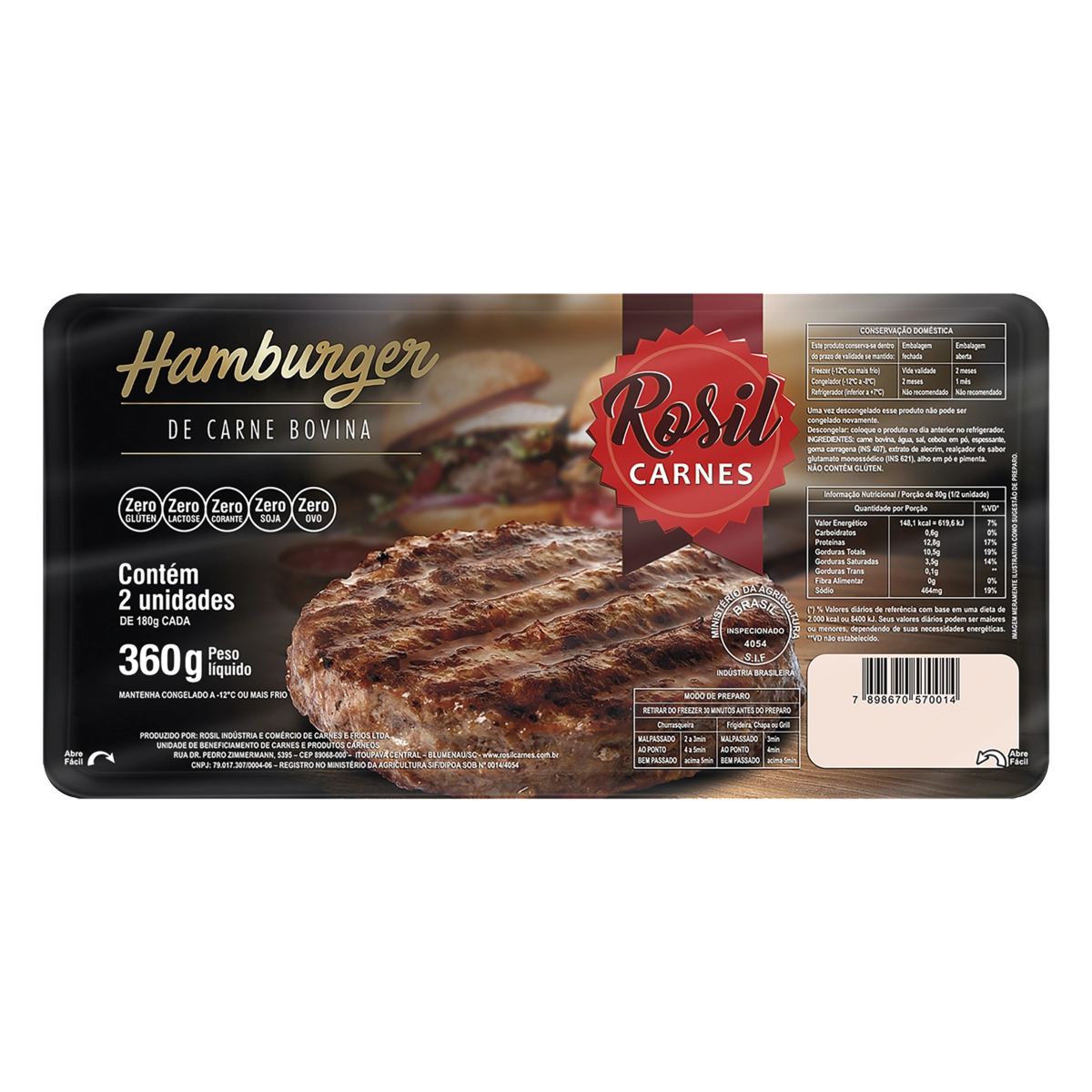 Hambúrguer De Carne Bovina Zero Lactose Rosil Carnes Bandeja 360g 2 Unidades