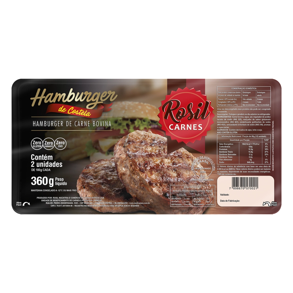 Hambúrguer De Carne Bovina Costela Rosil Carnes Bandeja 360g 2 Unidades