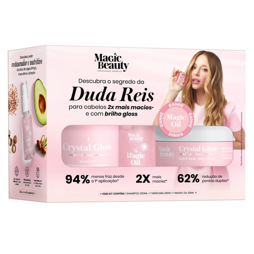 Kit Shampoo 250ml Mascara 200g Oleo 60ml Crystal Glow Magic Beauty