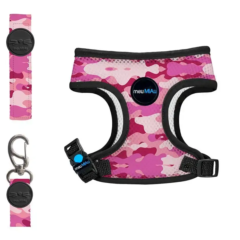 Kit Peitoral E Guia Style Para Gato Camuflado Rosa Meumiau