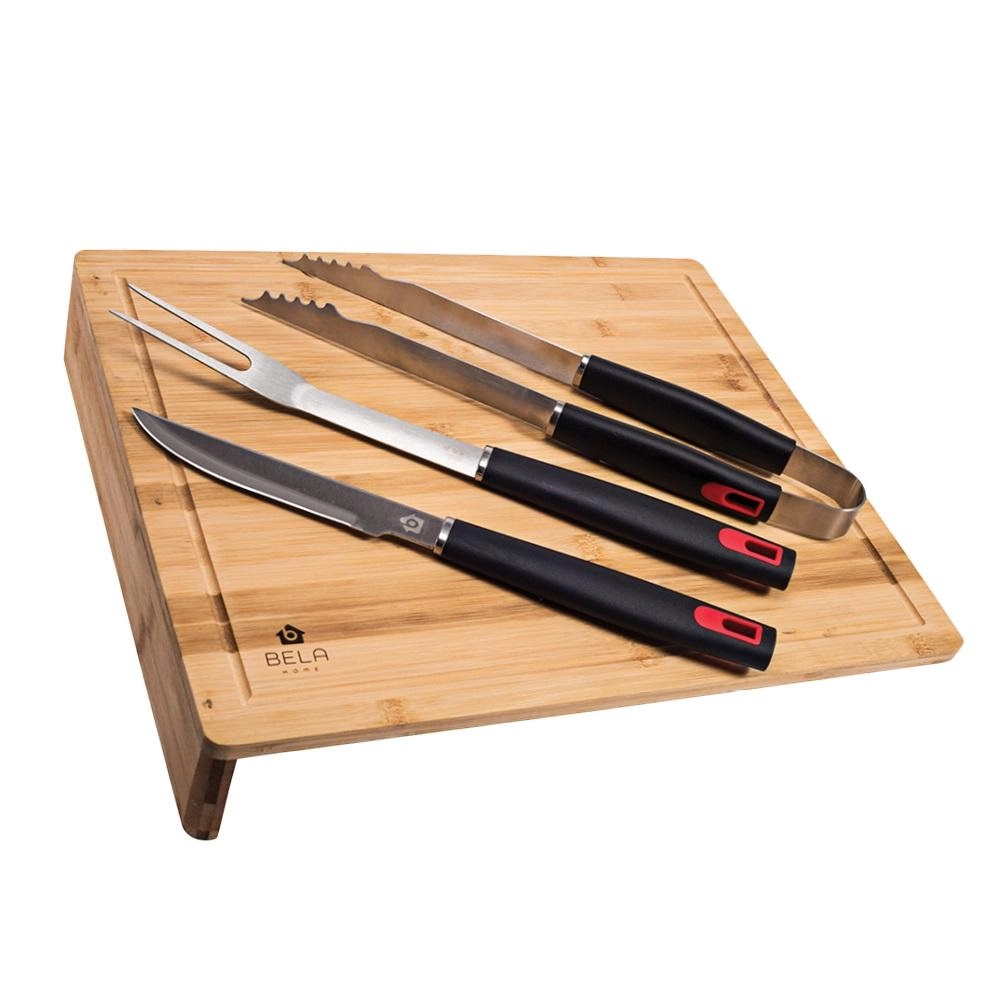 Kit Churrasco 3 Peças Preto Com Tabua Bambu Bela Home