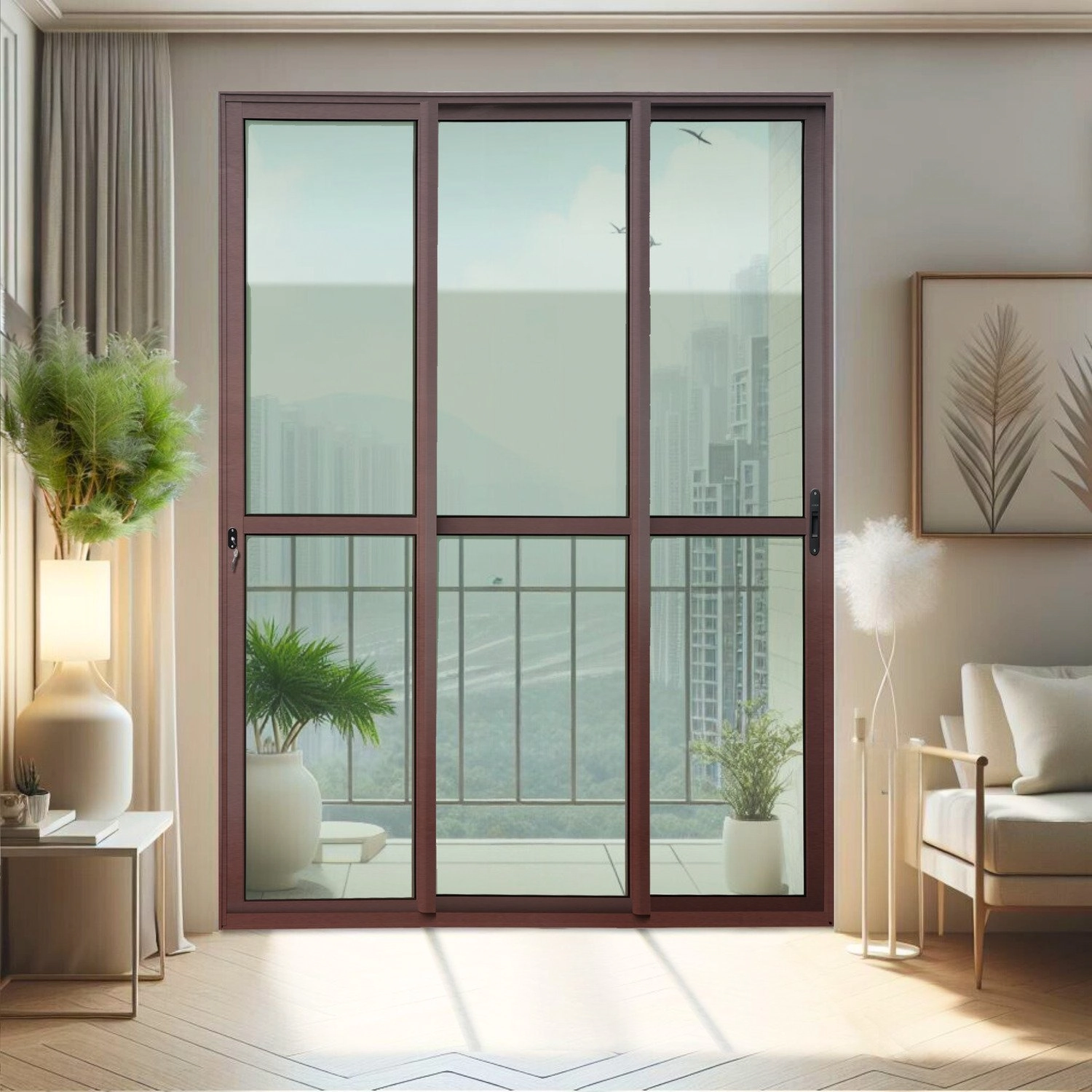 Porta De Correr 3 Folhas Moveis Sequenciais 210 X 150 Elite Com Fechadura Tetra Vidro Liso Corten