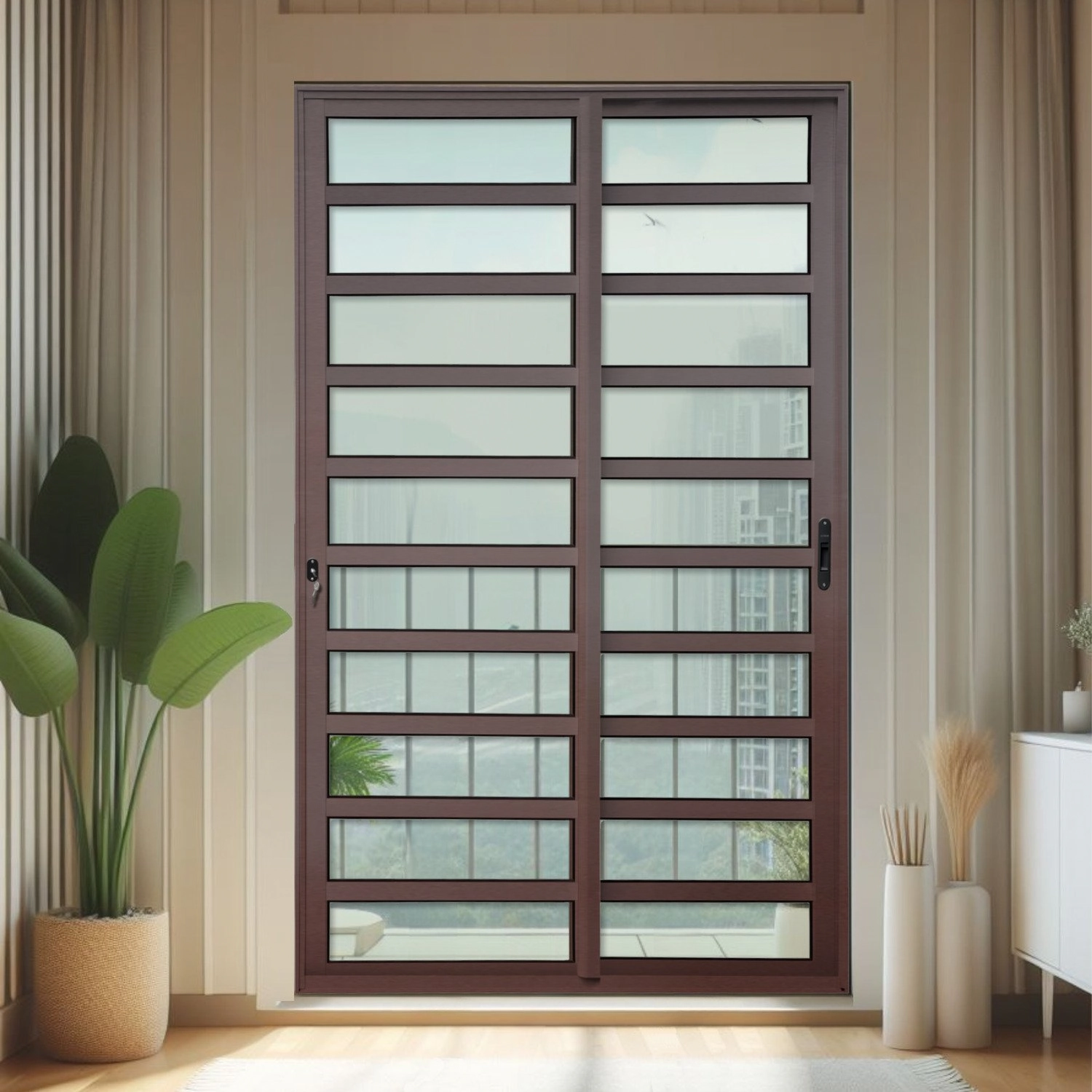 Porta De Correr Com Travessas 2 Folhas Moveis 210 X 120 Elite Com Fechadura Tetra Vidro Liso Corten