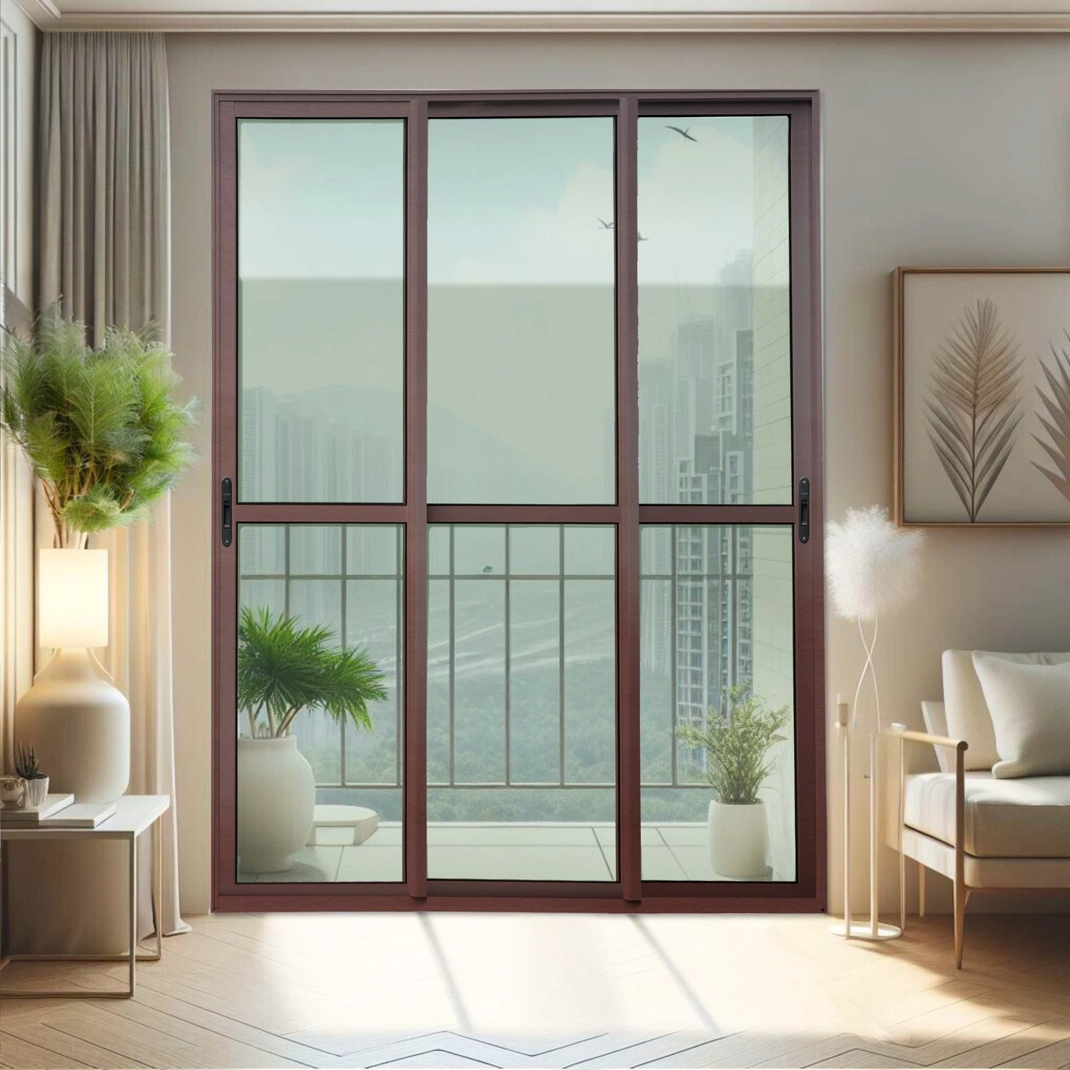 Porta De Correr 3 Folhas Moveis Sequenciais 210 X 150 Elite Com Fecho Automático Vidro Liso Corten