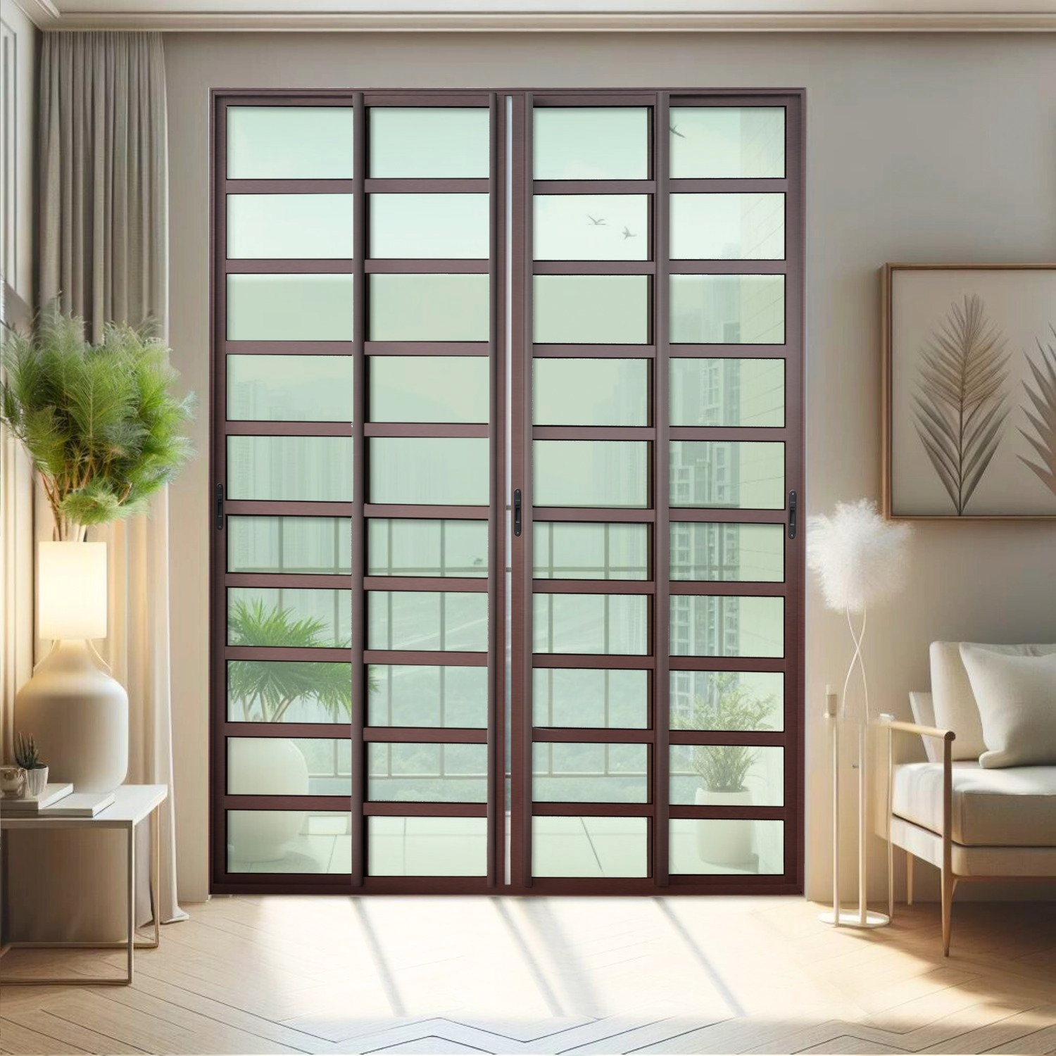 Porta De Correr Com Travessas 4 Folhas Moveis 210 X 200 Elite Com Fecho Automático Vidro Liso Corten