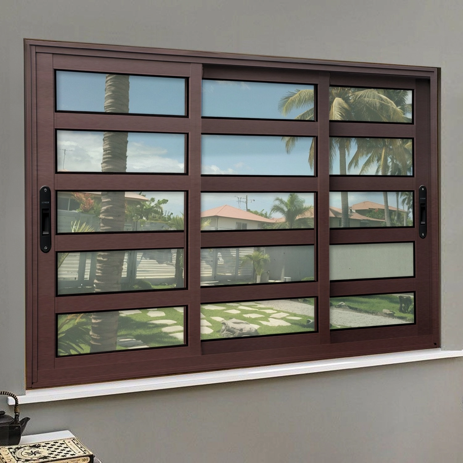 Janela Elite Com Travessas 3 Folhas Moveis Sequenciais 100 X 200 Vidro Liso Corten