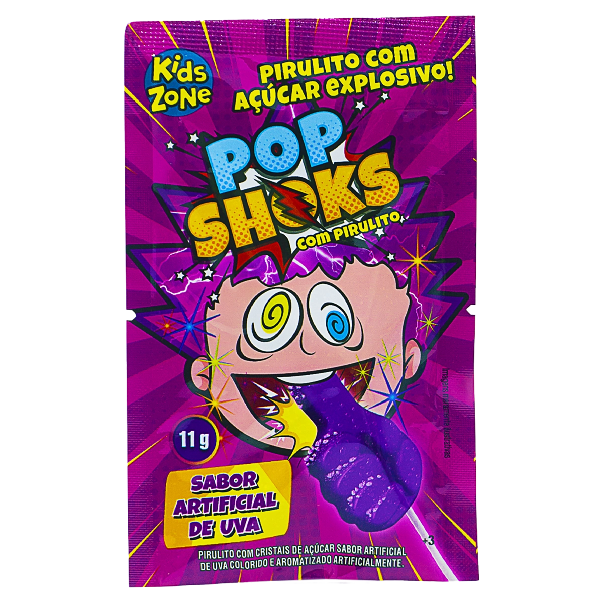 Pirulito Melancia, Uva Ou Morango Kids Zone Pop Shoks Pacote 11g