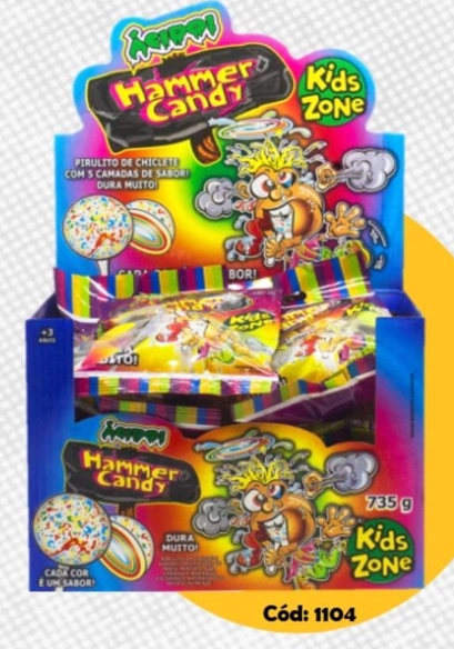 Pirulito De Chiclete Maçã, Mirtilo, Uva, Laranja E Morango ácido Kids Zone Hammer Candy Pacote 49g