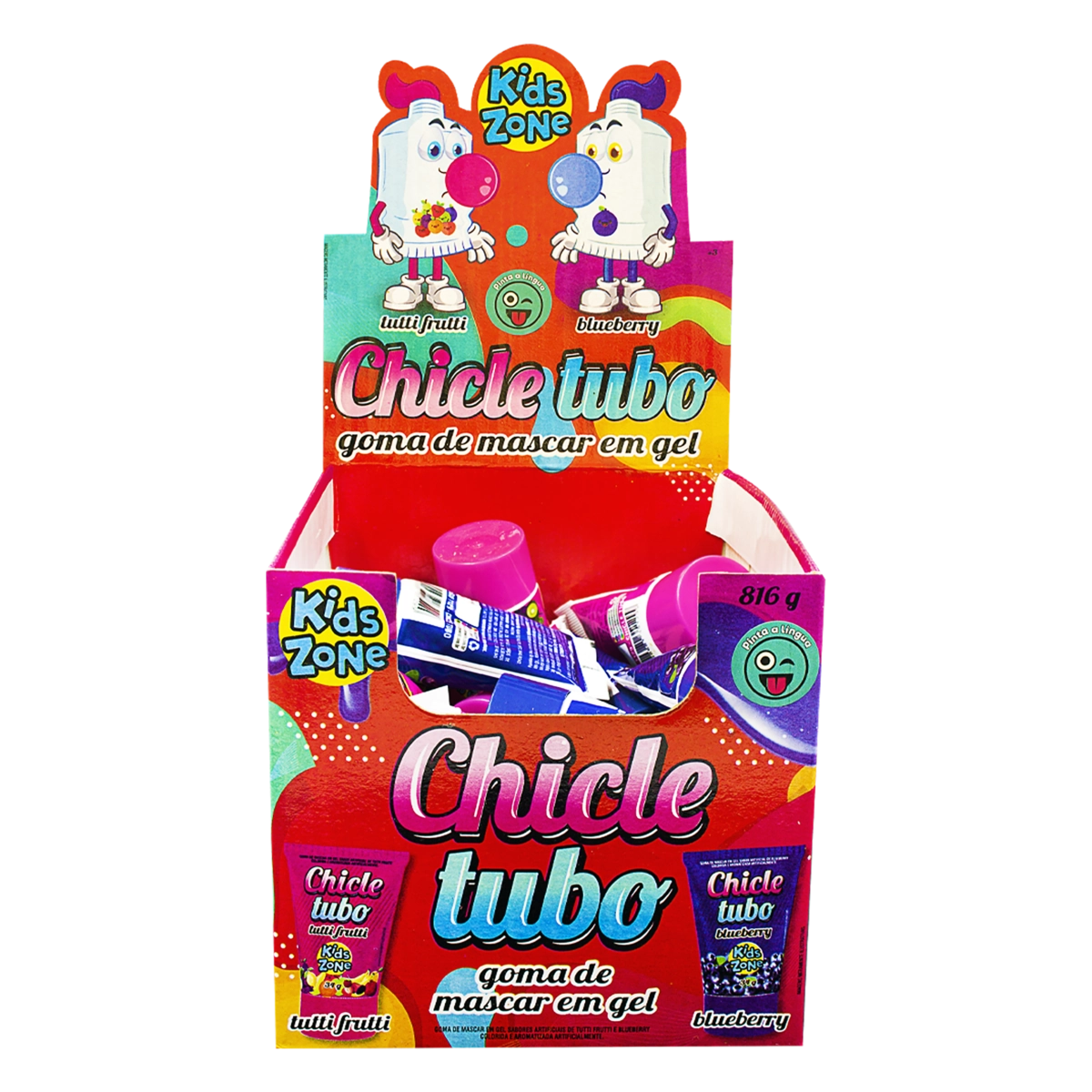 Goma De Mascar Gel Blueberry Ou Tutti Frutti Kids Zone Chicle Tubo Bisnaga 34g