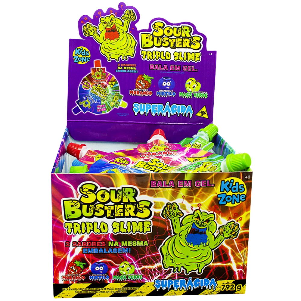 Bala Gel Morango, Maçã Verde Ou Mirtilo Kids Zone Sour Busters Triplo Slime Squeeze 44g