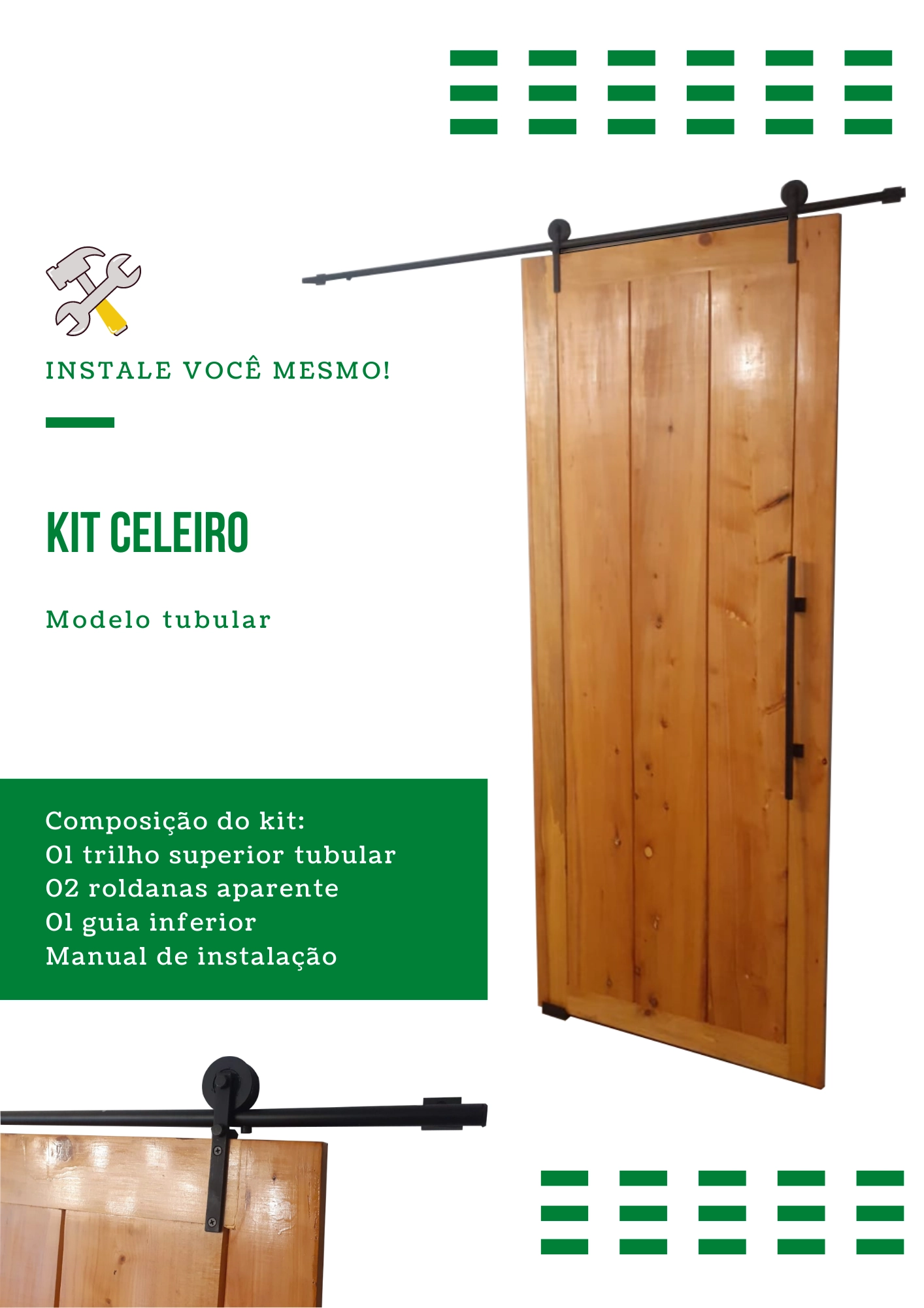 Kit P/ Porta Celeiro 2 Roldanas Aparente - Tubular 1,00 M - Preto