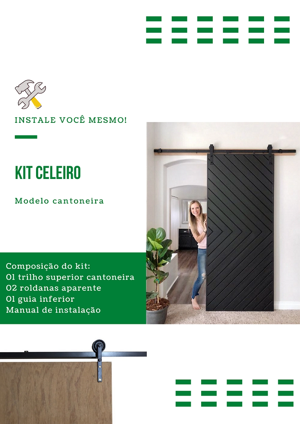 Kit P/ Porta Celeiro 2 Roldanas Aparente - Cantoneira 1,10 M - Preto - Al-fer