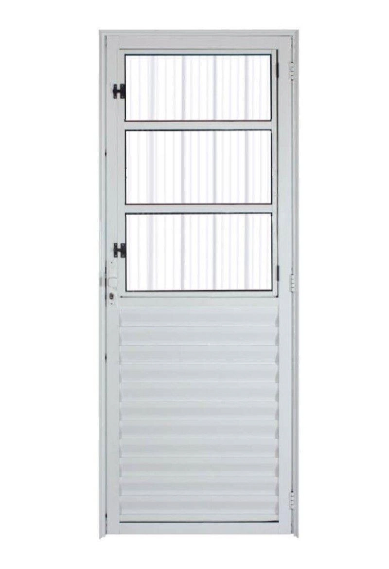Porta De Alumínio Social Postigo Branca Vidro Liso Direita - 210x80