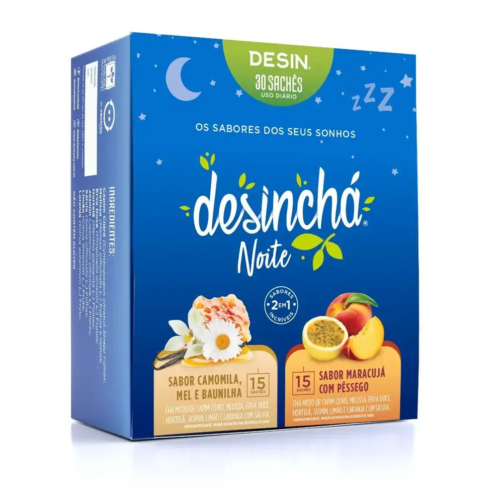 Chá Camomila, Mel E Baunilha E Maracujá Com Pêssego Desinchá Desin Noite Caixa 30 Unidades 1,5g Cada