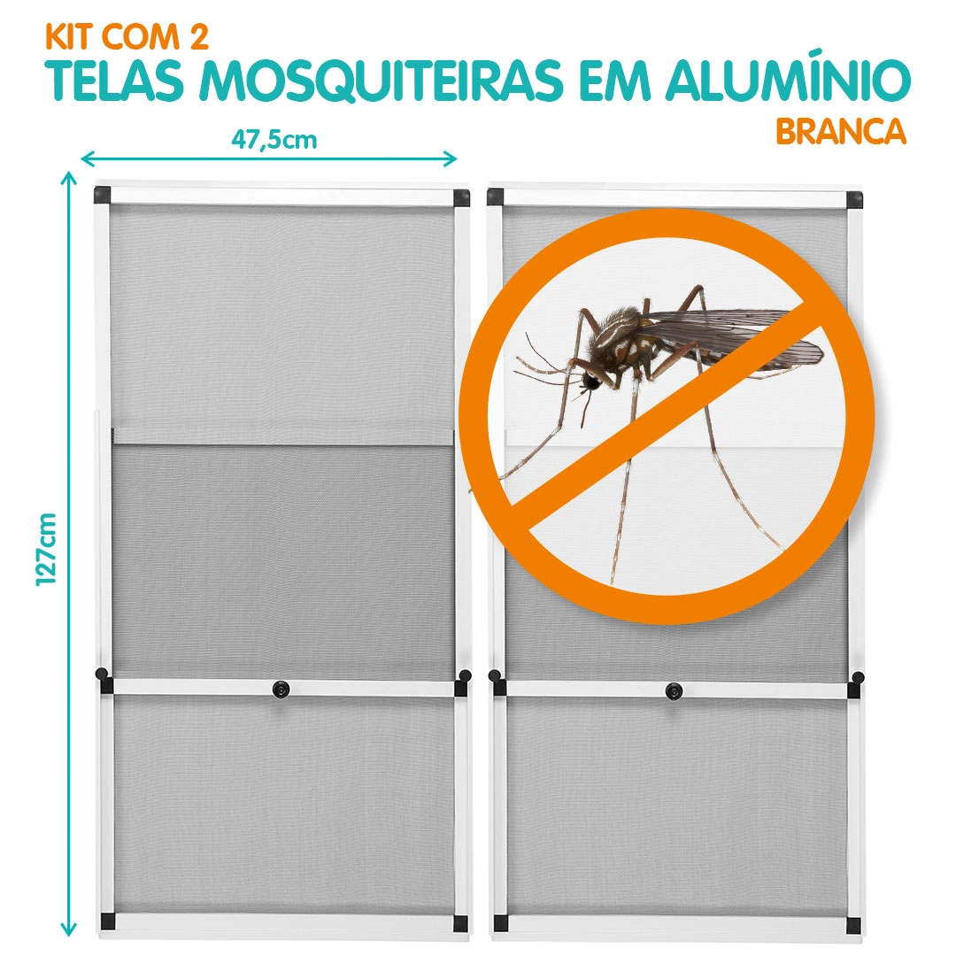 Tela Mosquiteira Em Alumínio - Altura Regulável - Branco- Kit C/ 2 Pçs