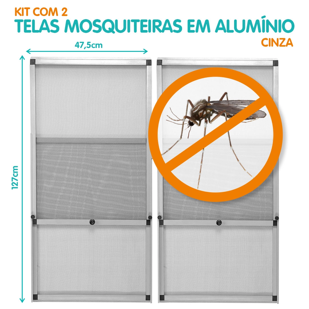 Tela Mosquiteira Em Alumínio - Altura Regulável  - Cinza - Kit C/ 2 Pçs