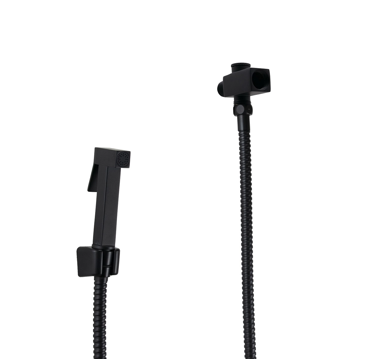 Duchinha Manual Em Metal Preto Fosco Com Mangueira 180 Cm E Desviador Quadrado De Parede Com Função Stop Total