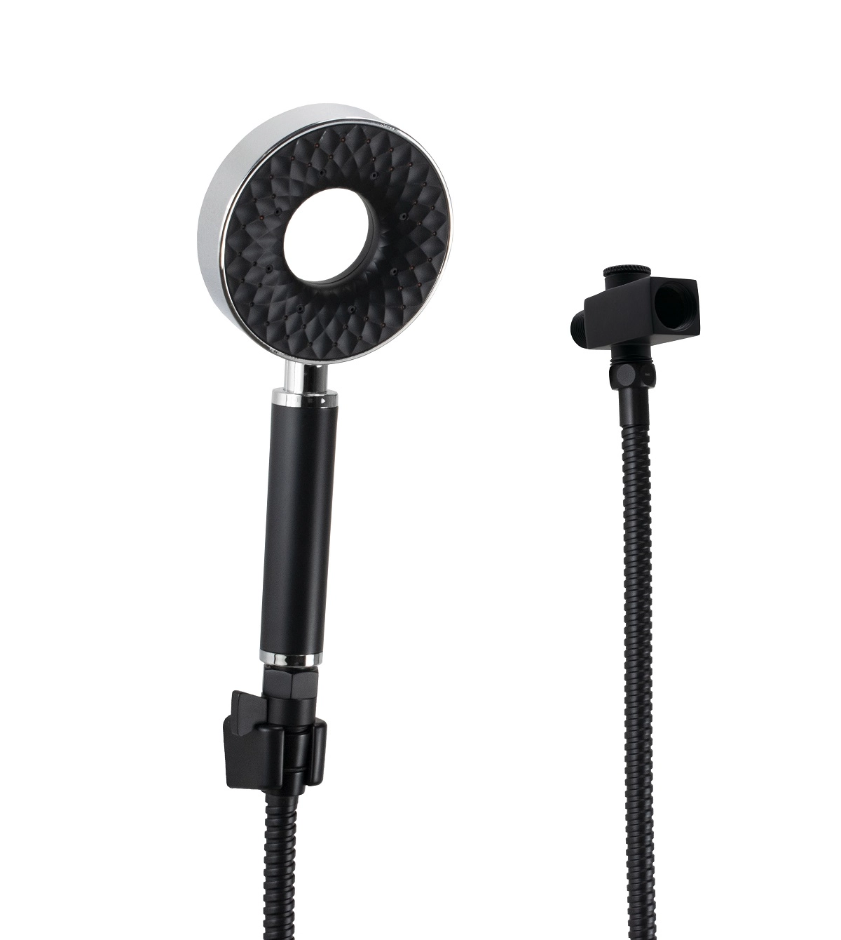 Chuveirinho Manual Em Abs Com 3 Jatos Preto Fosco Com Trava E Desviador Quadrado De Parede