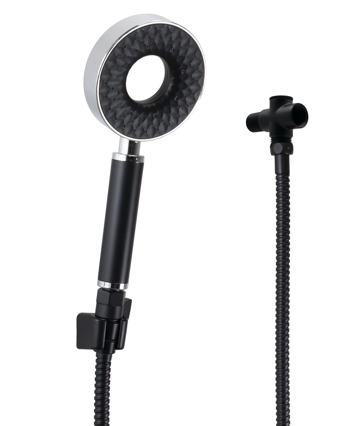 Chuveirinho De Mão Em Abs Preto Fosco Redondo Com 3 Jatos Com Desviador Redondo
