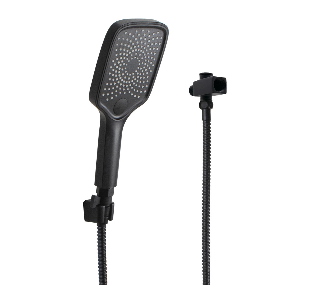 Duchinha De Mão Em Abs Preto Fosco Com Mangueira Flexível De 180 Cm E Desviador Quadrado Com Função Stop Total