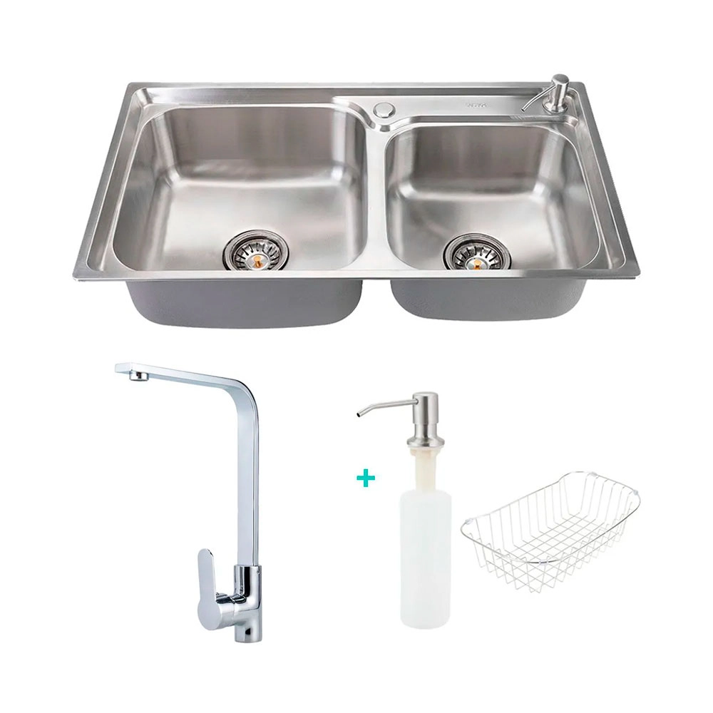 Cuba para cozinha pia dupla com acessórios Potiguara e Torneira misturador monocomando gourmet Tapajós Pingoo.casa