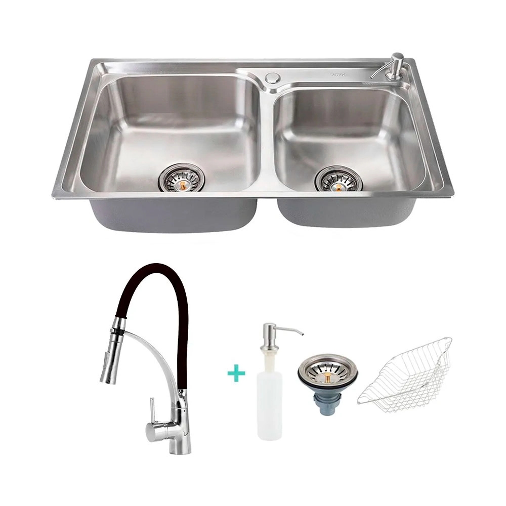 Cuba para cozinha com acessórios Potiguara e Torneira misturador monocomando gourmet preta Solimoes Pingoo.casa