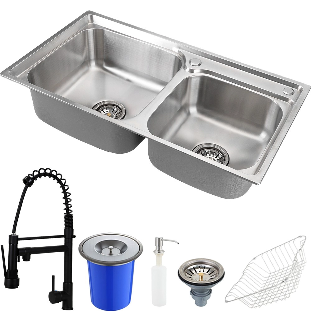 Cuba Para Cozinha Pia Dupla Com Acessórios E Lixeira Ticunas E Torneira Monocomando Gourmet Munim Preto Pingoo.casa
