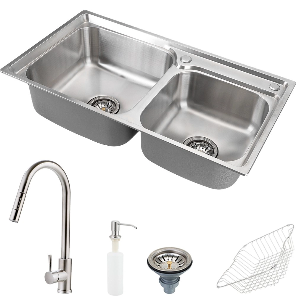 Cuba Para Cozinha Pia Dupla Com Acessórios Ticunas E Torneira Monocomando Gourmet Iriri Pingoo.casa - Escovado