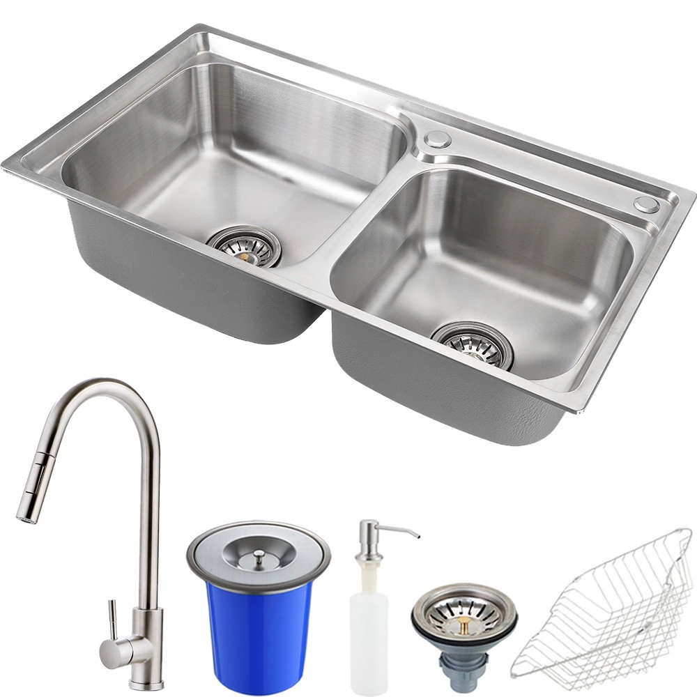 Cuba Para Cozinha Pia Dupla Com Acessórios E Lixeira Ticunas E Torneira Monocomando Gourmet Iriri Pingoo.casa - Escovado