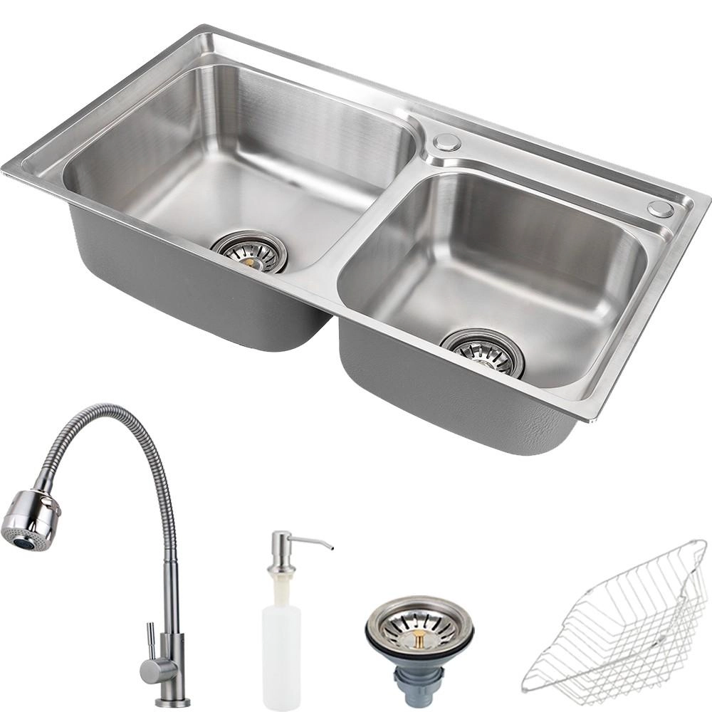 Cuba Para Cozinha Pia Dupla Com Acessórios Ticunas E Torneira Monocomando Gourmet Jaguaribe Pingoo.casa - Escovado