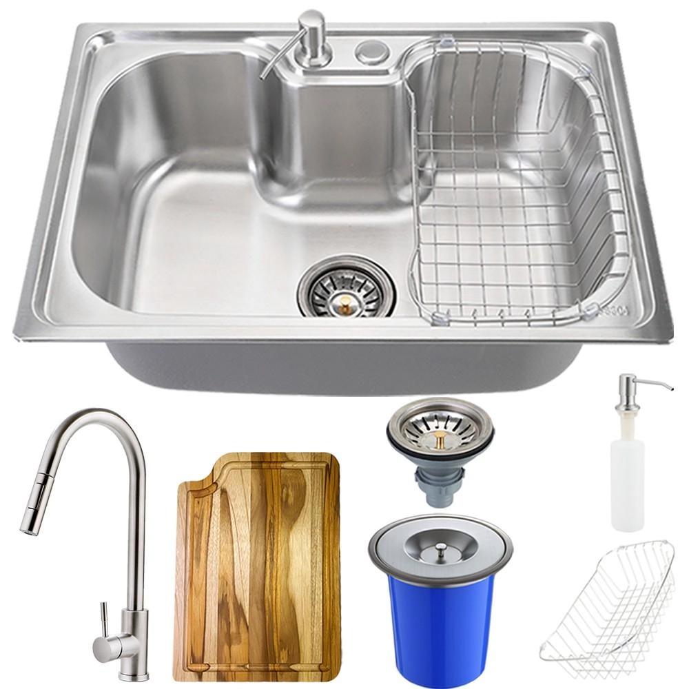 Cuba Para Cozinha Pia Inox Com Acessórios Tábua Lixeira Carajás Torneira Gourmet Monocomando Extensível Escovado Pingoo