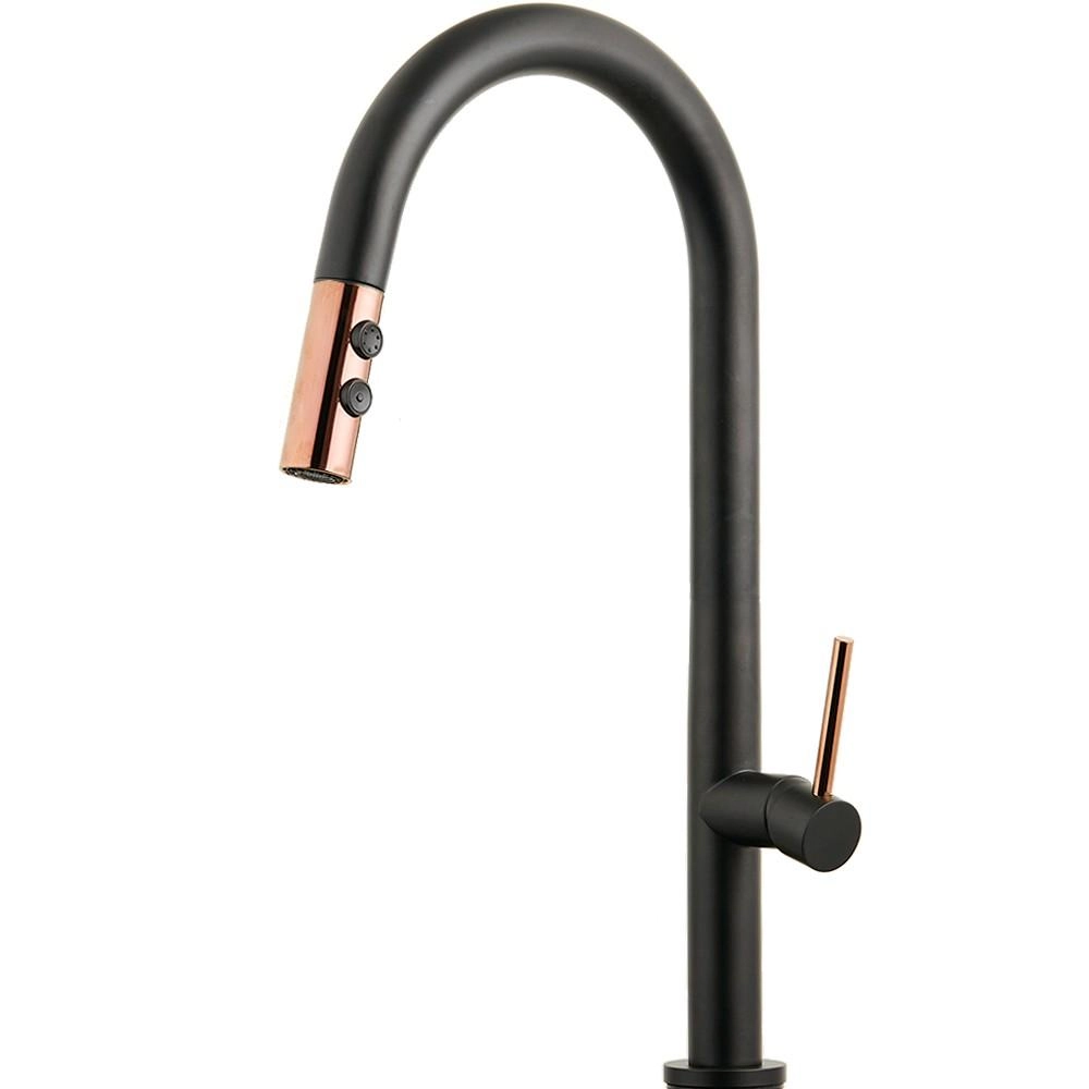 Torneira Para Cozinha Misturador Monocomando Aço Inox 304 Pauini Pingoo.casa - Preto E Dourado Rose