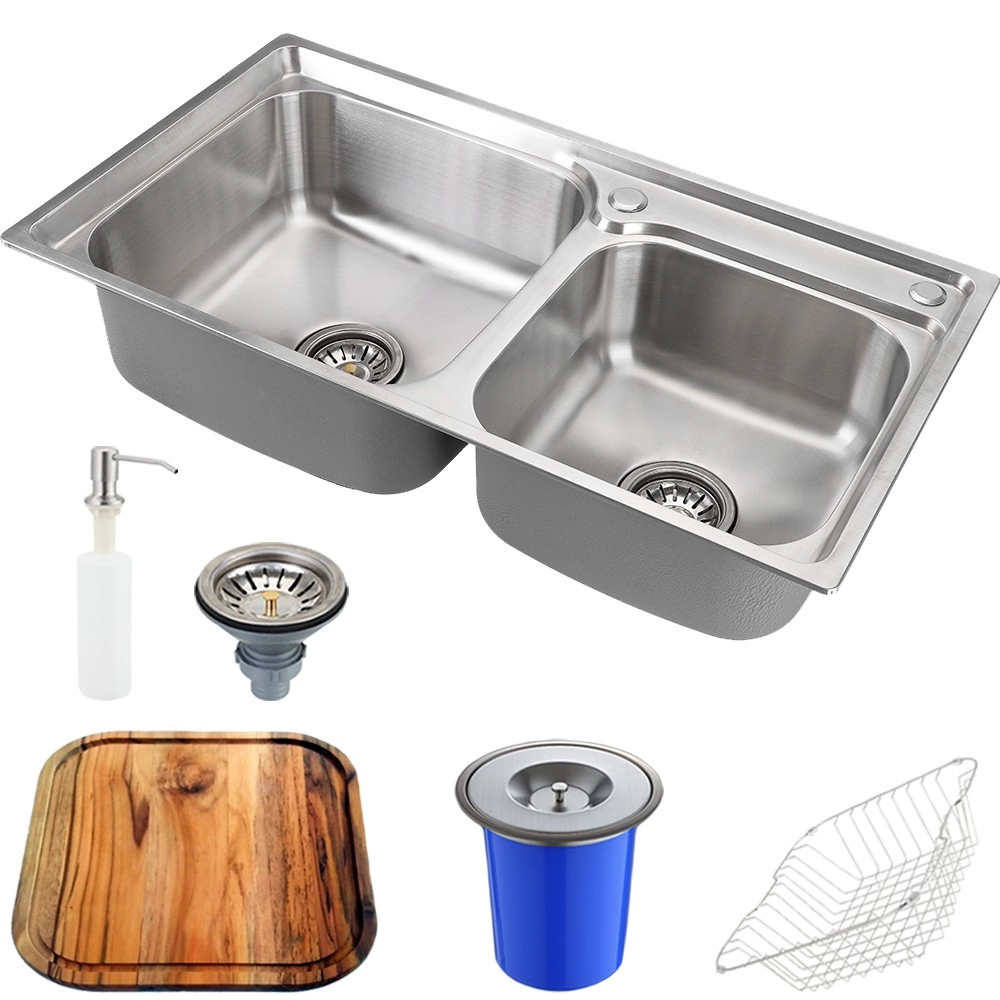 Cuba Para Cozinha Gourmet Pia Dupla Aço Inox Com Acessórios E Tábua De Corte E Lixeira 5l Ticunas Pingoo.casa