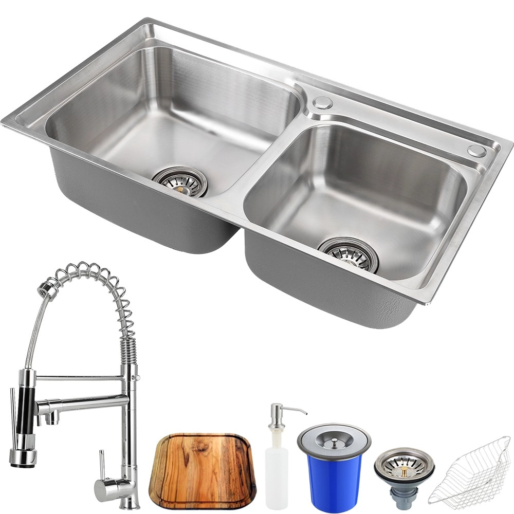 Cuba Para Cozinha Gourmet Pia Dupla Aço Inox Acessórios Tábua Corte Lixeira 5l Torneira Monocomando Gourmet Pingoo.casa