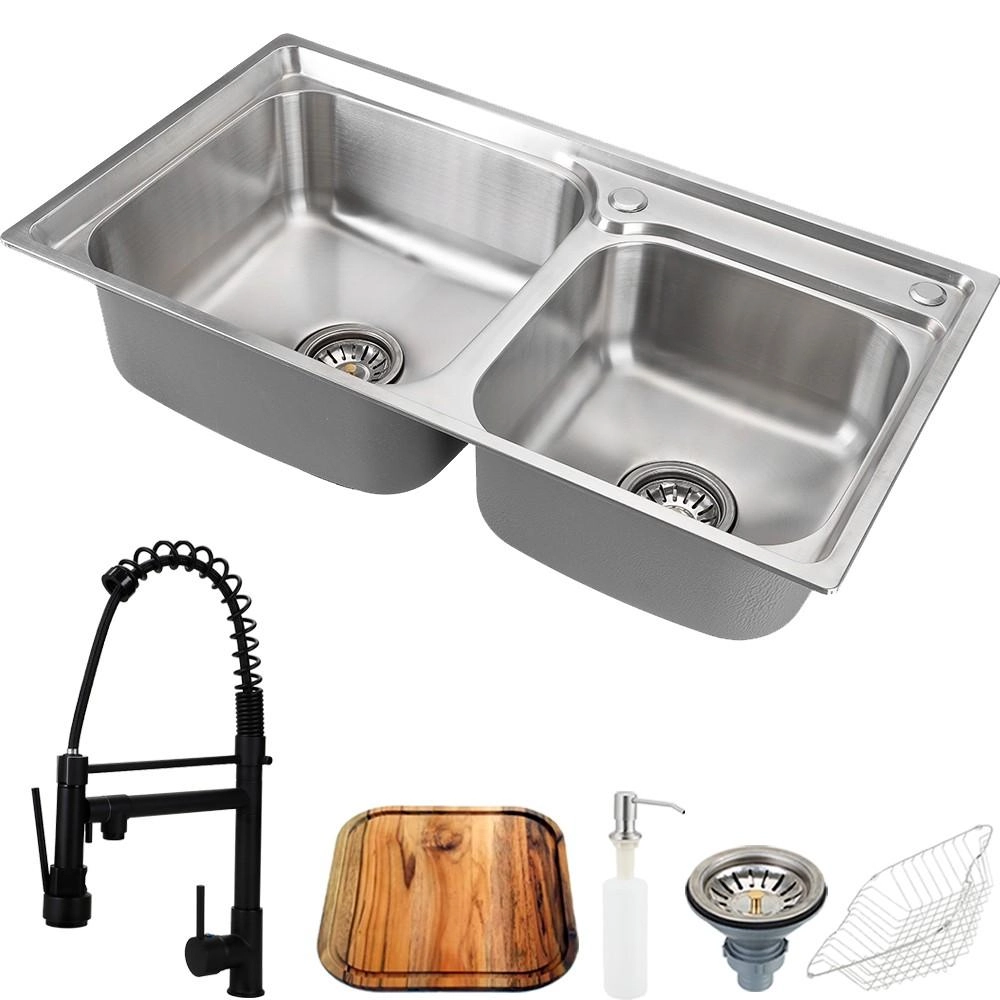 Cuba Para Cozinha Gourmet Pia Dupla Aço Inox Acessórios E Tábua De Corte Ticunas E Torneira Gourmet Munim Preta Pingoo