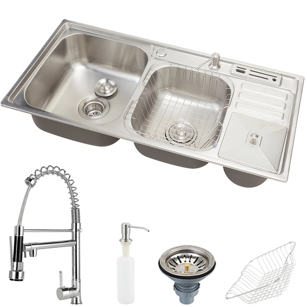 Cuba Dupla Inox com Torneira Gourmet, Dispenser, Lixeira, Cesto, Porta Facas e Acessórios