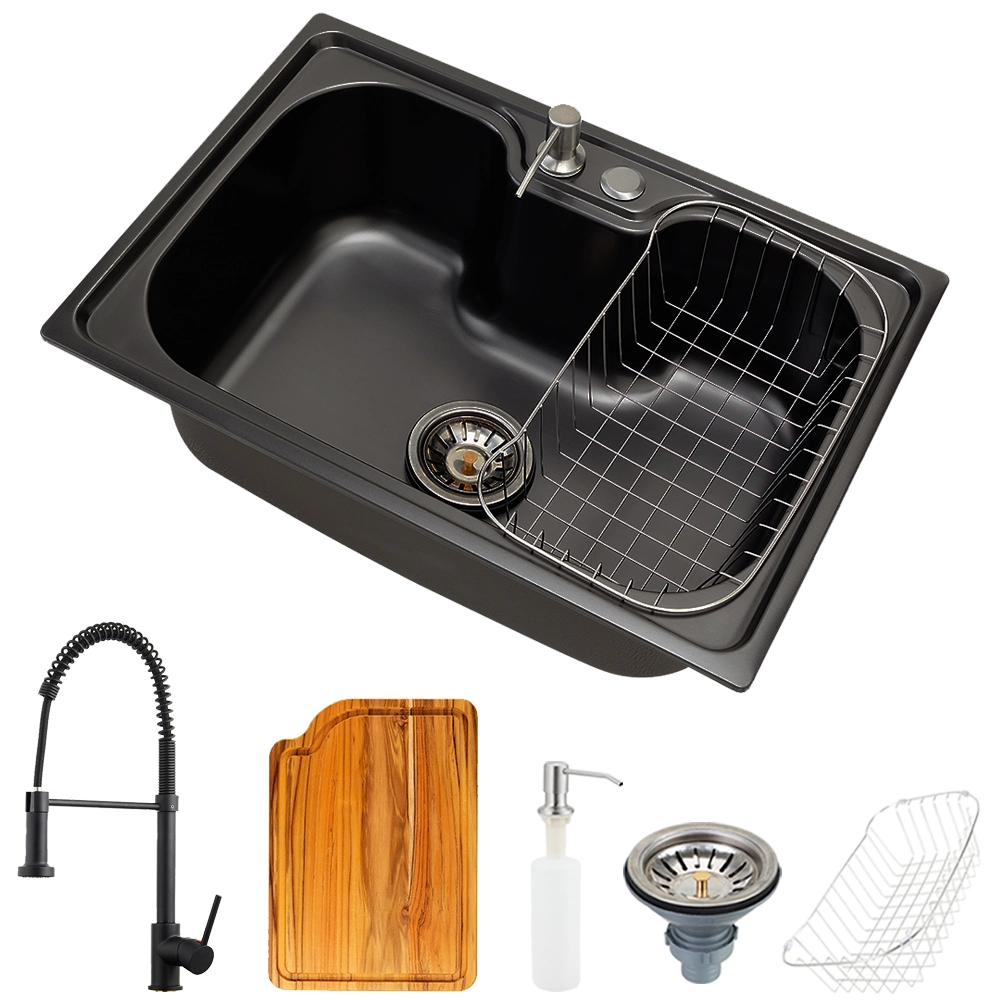 Cuba Para Cozinha Gourmet Pia Aço Inox Acessórios Tábua Corte Preta E Torneira Monocomando Envira Preta Pingoo.casa